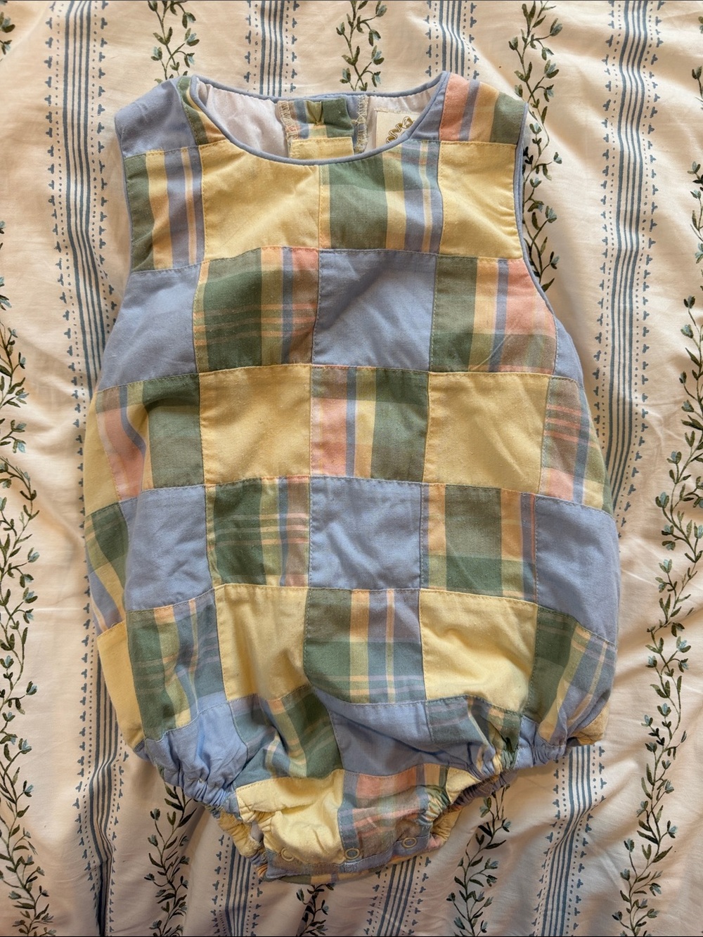 Pastel Patchwork Baby Bubble Romper - Blue, Yellow & Green
